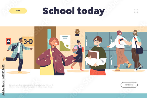 School today concept of landing page with pupils in hall corridor. Group of kids classmates talking