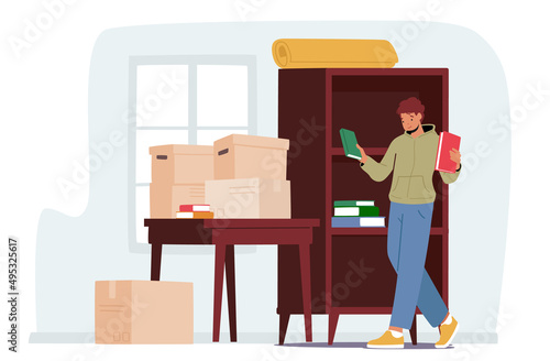Relocation and Move to New House Concept. Young Male Character Moving into New Home, Man Unpacking Cardboard Boxes