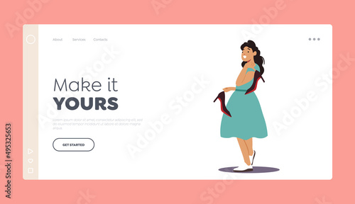 Girl Holding Heeled Shoes Landing Page Template. Preteen or Teen Lady Changing and Fitting Footgear, Choose Apparel