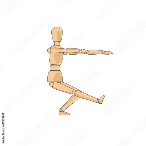Wooden man model, manikin to draw human body anatomy pose single-leg squat. Mannequin control dummy figure vector simple illustration stock image	