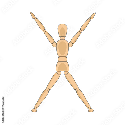 Wooden man model, manikin to draw human body jumping jacks or star pose. Mannequin control dummy figure vector simple illustration stock image