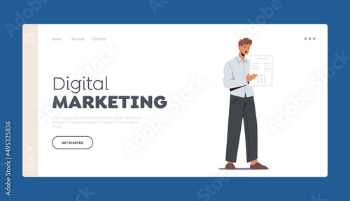 Digital Marketing Landing Page Template. Male Character Businessman, Salesman, Coach, Teacher or Promoter Explain