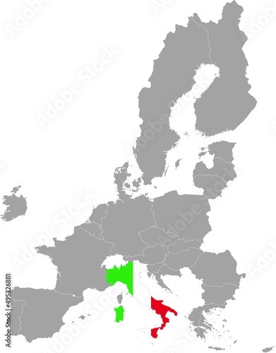 Map of Italy with national flag within the gray map of European Union countries