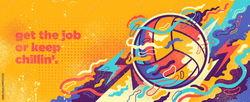 Volleyball banner design in abstract style with ball and colorful splashing shapes. Vector illustration. - obrazy, fototapety, plakaty 