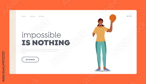 Paralympic Athlete Girl Landing Page Template. Basketball Player with Amputated Hand and Ball, Disabled Sportswoman