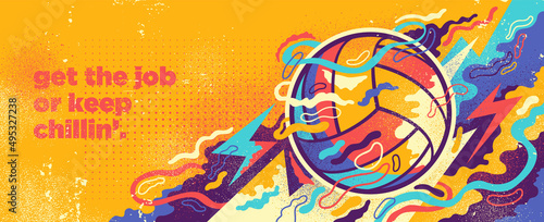 Volleyball banner design in abstract style with ball and colorful splashing shapes. Vector illustration.