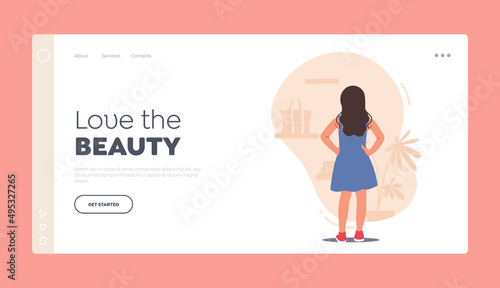 Female Child Character Shopping, Choose Apparel Landing Page Template. Little Girl Stand front of Apparel Store Shelf