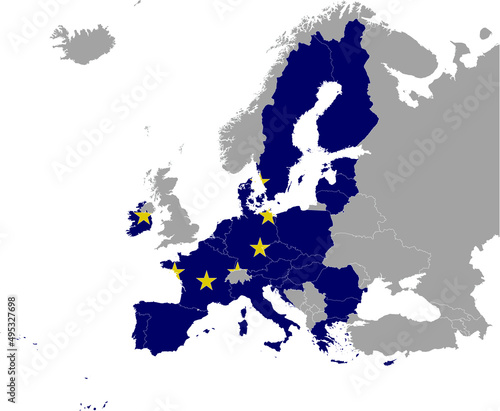 Map of European Union countries with European Union flag within the gray map of European continent