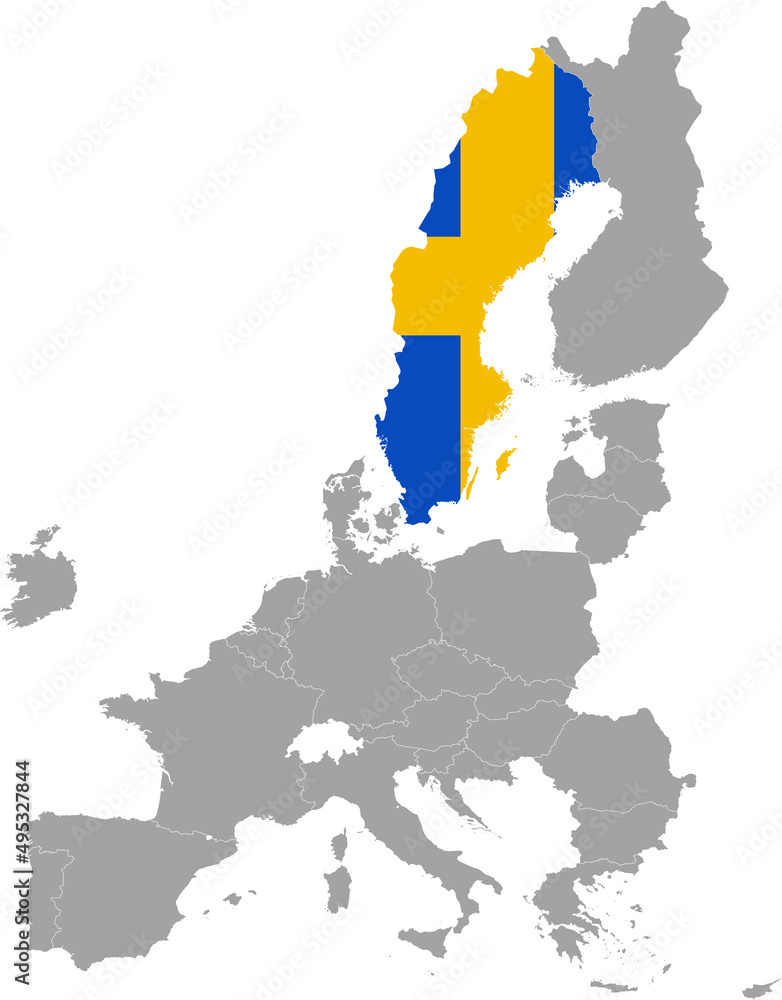 Obraz premium Map of Sweden with national flag within the gray map of European Union countries