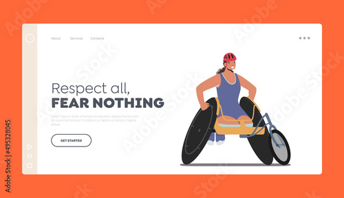 Paralympic Athlete Sitting on Racing Wheelchair Landing Page Template. Young Amputee Woman with Body Injuries