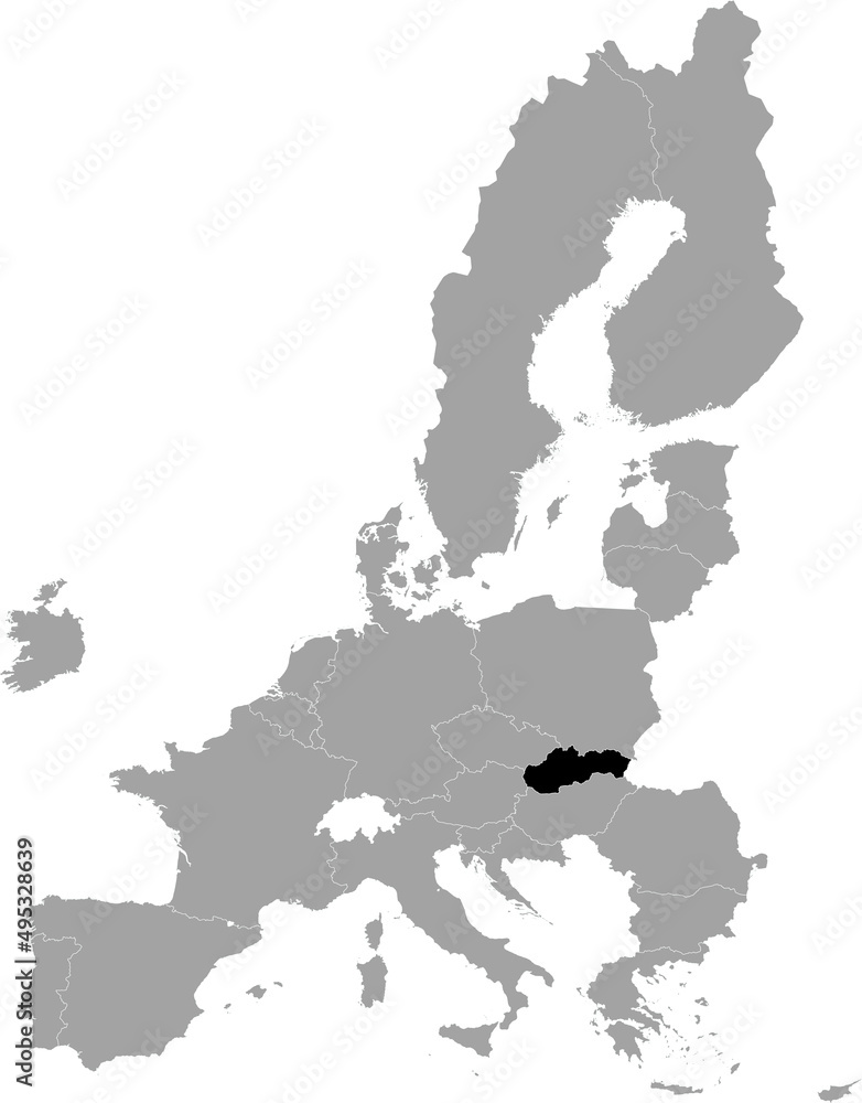 Black Map of Slovakia within the gray map of European Union