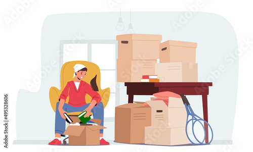 Young Female Character Moving into New Home, Woman Unpacking or Packing Cardboard Boxes with Books and Stuff, Relocation