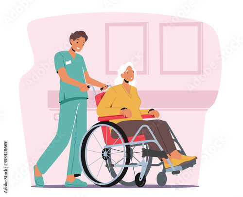 Young Nurse Social Worker Care of Sick Senior Woman Sit on Wheelchair, Medic Help Old Disabled People in Nursing Home