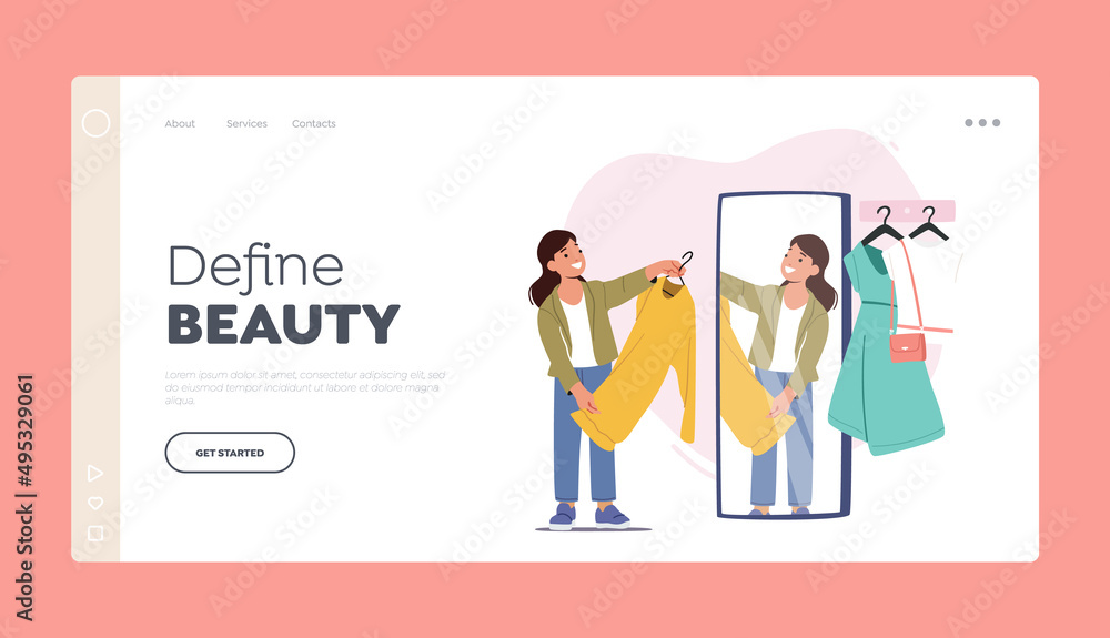 Female Child Character Choose Apparel Landing Page Template. Girl Stand front of Mirror in Fitting Room at Apparel Store