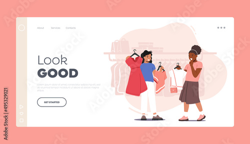 Kids Fashion Landing Page Template. Little Girl Friends Choosing Clothes in Boutique. Dress Collection, Shopping Apparel