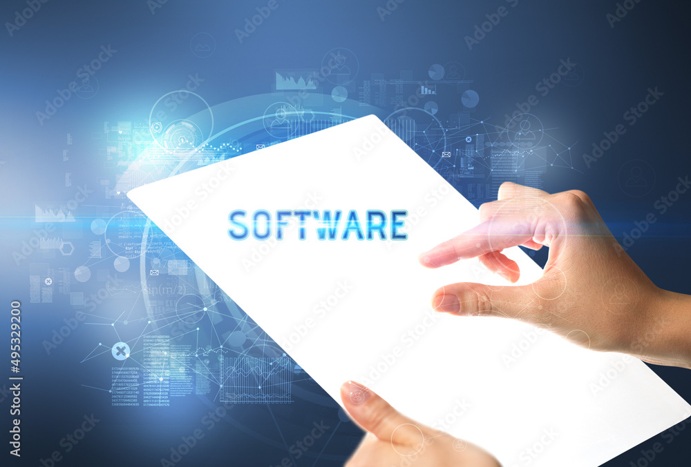 Hand holdig futuristic tablet , technology concept Hand holdig futuristic tablet , technology concept