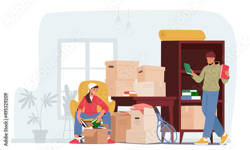 Young Couple Characters Moving into New Home, Man and Woman Unpacking Cardboard Boxes with Books