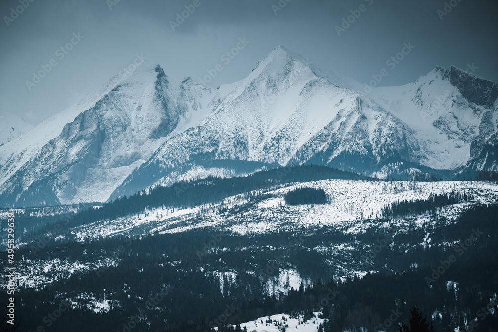 Obraz premium Carpathian winter. Tatra mountains in cold winter scenery, view from Lapszanka Pass