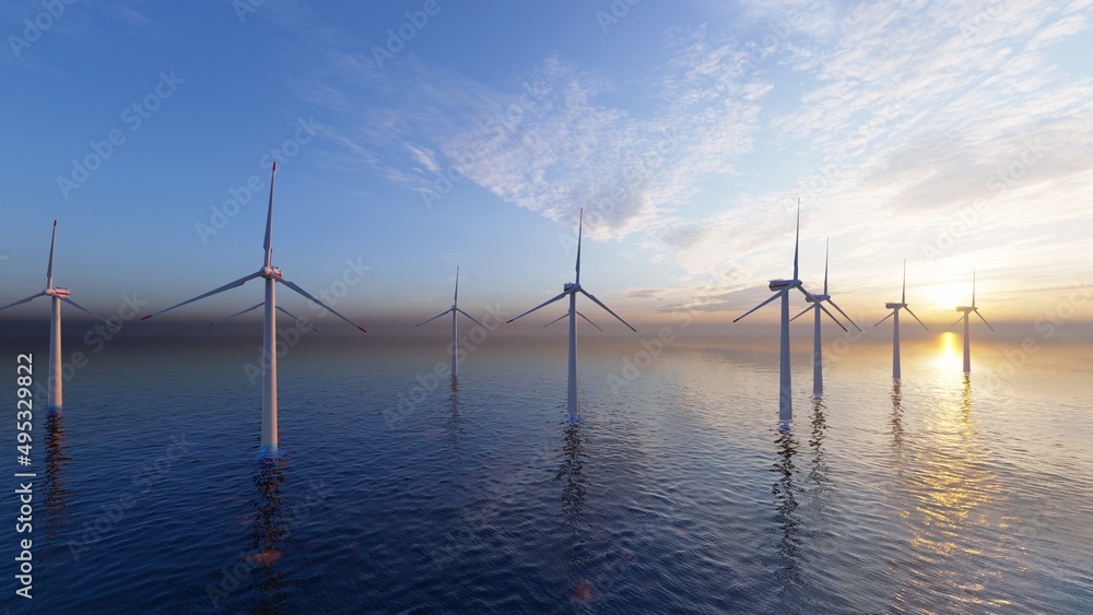 8K ULTRA HD. Offshore wind turbines farm on the ocean. Sustainable energy production, clean power. 3D illustration