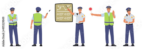 Set Traffic Policeman Wear Uniform and Green Vest Hold Baton and Stop Sign, Pointing on Chart. Police Officer Characters