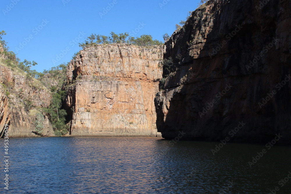 Cruising on the Katherine River through the Katherine Gorge in the Nitmiluk National Park in Australia's Northern Territory.