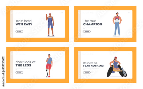 Paralympic and Healthy Athletes Landing Page Template Set. Sportsmen and Sportswomen Characters in Uniform