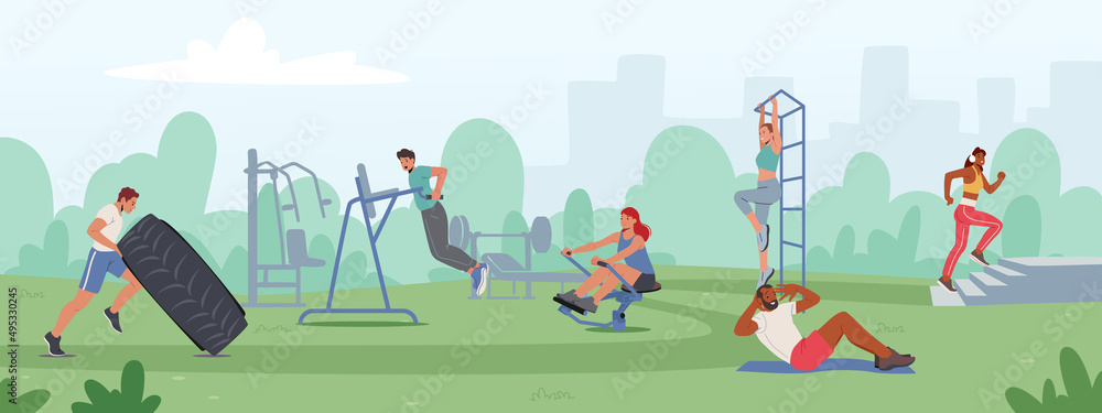 People Sport Fitness Training in House Yard. Male and Female Characters Exercising with Equipment Doing Workout Activity
