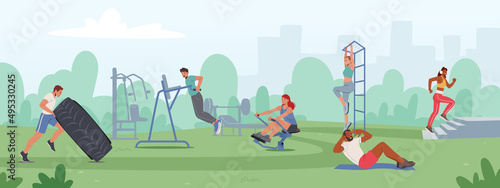 Fototapeta Naklejka Na Ścianę i Meble -  People Sport Fitness Training in House Yard. Male and Female Characters Exercising with Equipment Doing Workout Activity