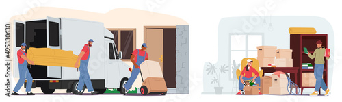 Set Relocation and Moving to New House Concept. Workers Wearing Uniform Carry Boxes and Furniture, Delivery Company