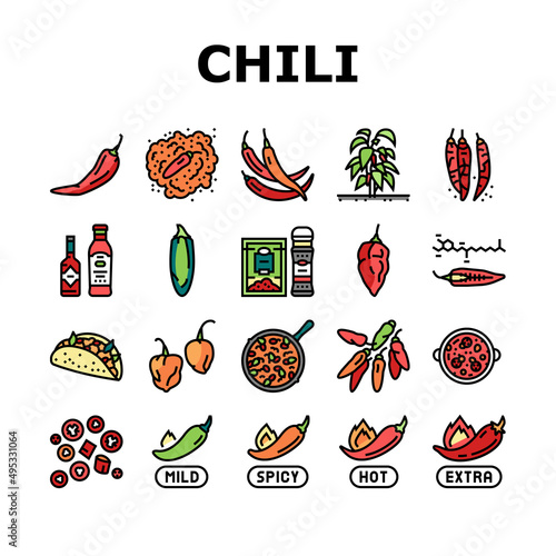 Chili Spicy Natural Vegetable Icons Set Vector. Habanero And Cayenne, Capsaicin And Jalapeno Chili Pepper Bio Product Harvesting In Garden. Sauce And Mexican Food Color Illustrations