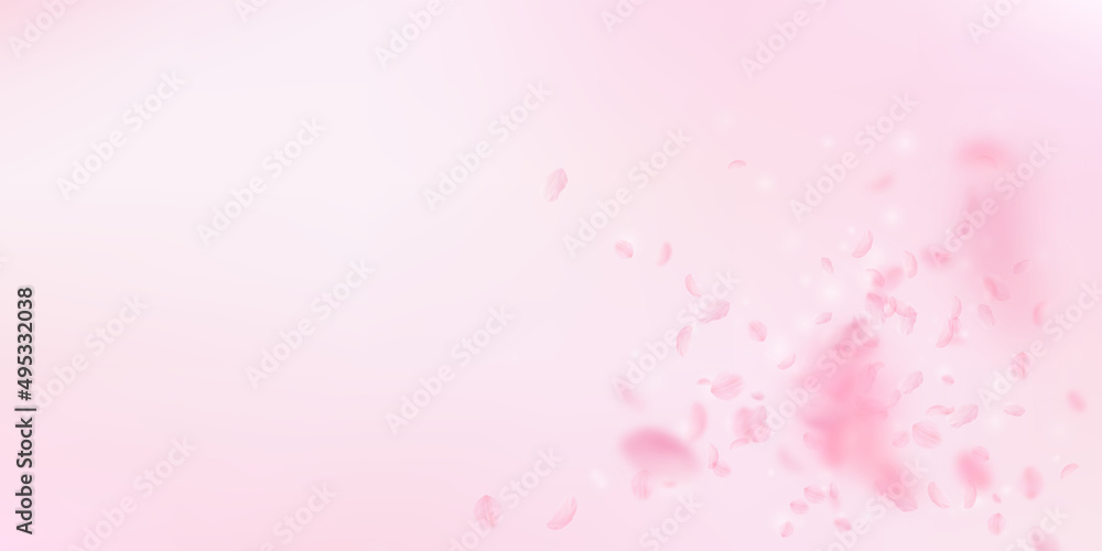 Sakura petals falling down. Romantic pink flowers explosion. Flying petals on pink wide background. Love, romance concept. Magnetic wedding invitation.