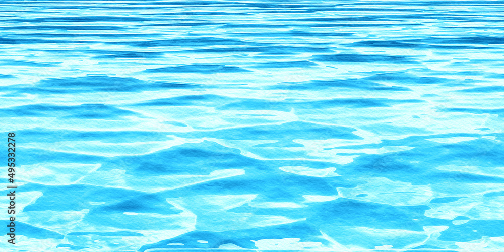 Seamless realistic water ripples and waves tileable texture. Artistic watercolor of an infinite ocean horizon repeating pattern. Summer backdrop. A high resolution 3D rendering.