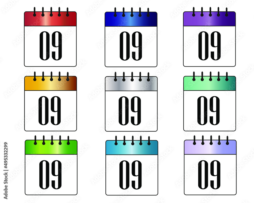 day 9. blue, red, gray, gold, green, purple and silver calendar icons. colorful calendar sets for days of the month day 9. blue, red, gray, gold, green, purple and silver calendar icons. colorful calendar sets for days of the month