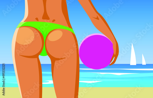 Beautiful girl figure on the beach, vacation at sea. Vector illustration