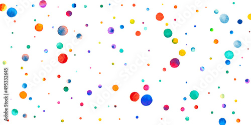 Watercolor confetti on white background. Alive rainbow colored dots. Happy celebration wide colorful bright card. Pleasing hand painted confetti.
