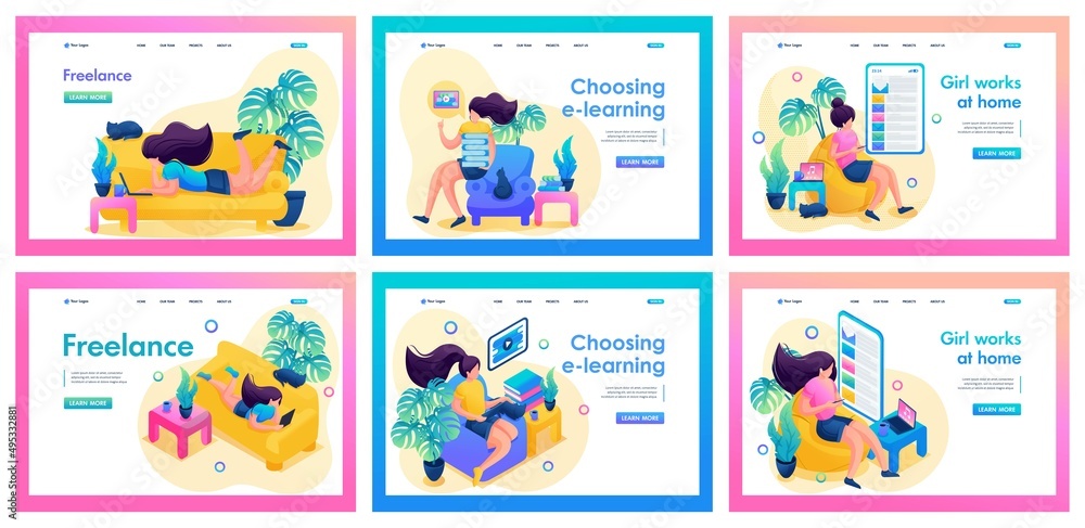 Set of landing pages about self-isolation. Isometric 3D and 2D illustrations. The girl works at home, freelancer, online training Set of landing pages about self-isolation. Isometric 3D and 2D illustrations. The girl works at home, freelancer, online training