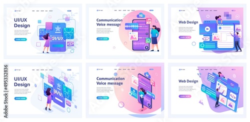 Set of landing pages for working with mobile app. Isometric 3D and 2D illustrations. Creating an application design, recording audio messages