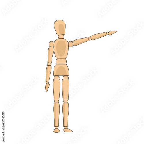 Wooden man model, manikin to draw human body anatomy pose, showing direction. Mannequin control dummy figure vector simple illustration stock image	
