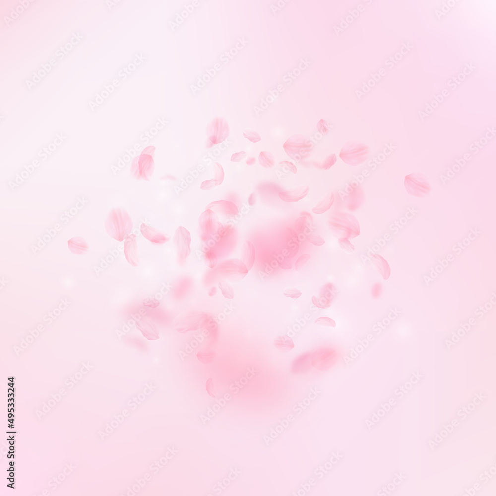 Sakura petals falling down. Romantic pink flowers explosion. Flying petals on pink square background. Love, romance concept. Fantastic wedding invitation.