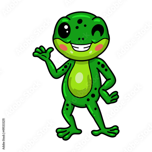Cute little frog cartoon waving hand