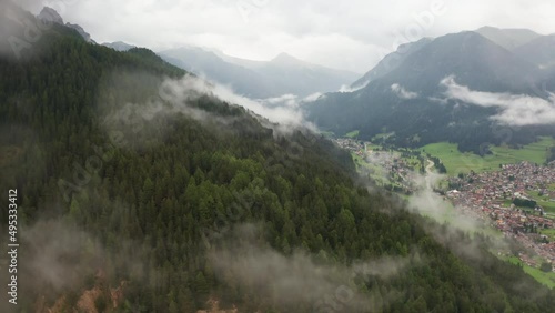 Wallpaper Mural Wild forest on slope of Alps mountain and town in canyon valley aerial view. Flight through light white clouds. Ecology and environment beauty Torontodigital.ca