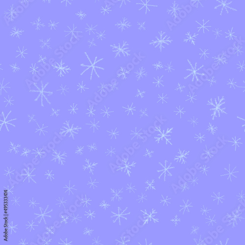 Hand Drawn Snowflakes Christmas Seamless Pattern. Subtle Flying Snow Flakes on chalk snowflakes Background. Awesome chalk handdrawn snow overlay. Positive holiday season decoration.