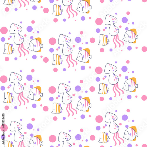 Seamless pattern with cute squid illustration in line cartoon style