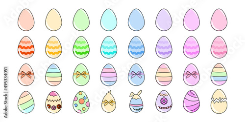 Zestaw kolorowych jajek wielkanocnych w różnych wzorach na białym tle. Świąteczne pisanki. Ilustracja wektorowa.