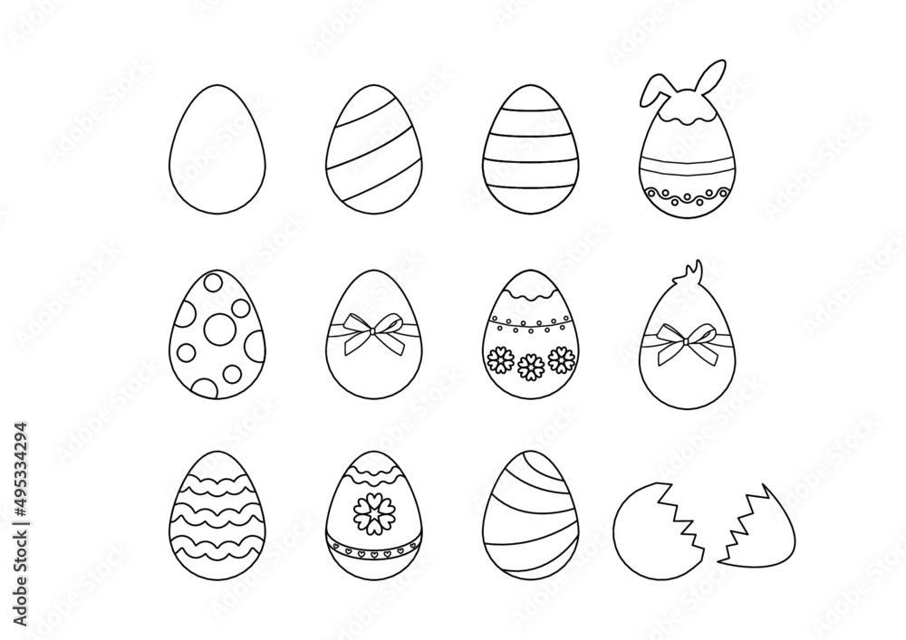 Zestaw jajek wielkanocnych w różnych wzorach. Kontury na białym tle. Świąteczne pisanki. Ilustracja wektorowa. - obrazy, fototapety, plakaty 