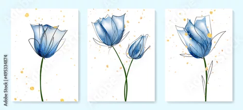 Obraz Floral watercolor art background with blue flowers and golden elements. Botanical set with art line elements for decoration, interior design, packaging, invitations
