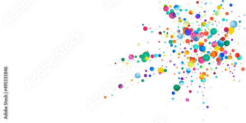 Watercolor confetti on white background. Alive rainbow colored dots. Happy celebration wide colorful bright card. Amazing hand painted confetti.