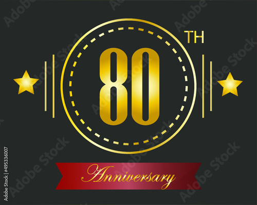 80th golden anniversary logo with ring and star golden. vector illustration