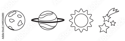 Hand drawn planet star set. Sketch pattern. Line art set. Vector illustration. stock image. 