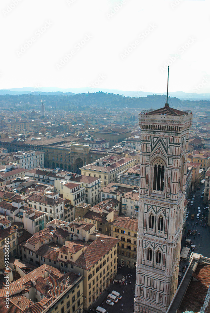 ドゥオモの上から見るジョットの鐘楼とフィレンツェ市街